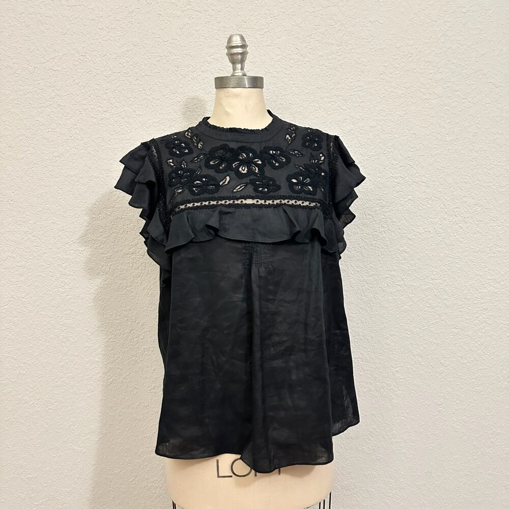 VERONICA BEARD Abdula Blouse Black Floral Embroidered Flutter Sleeve